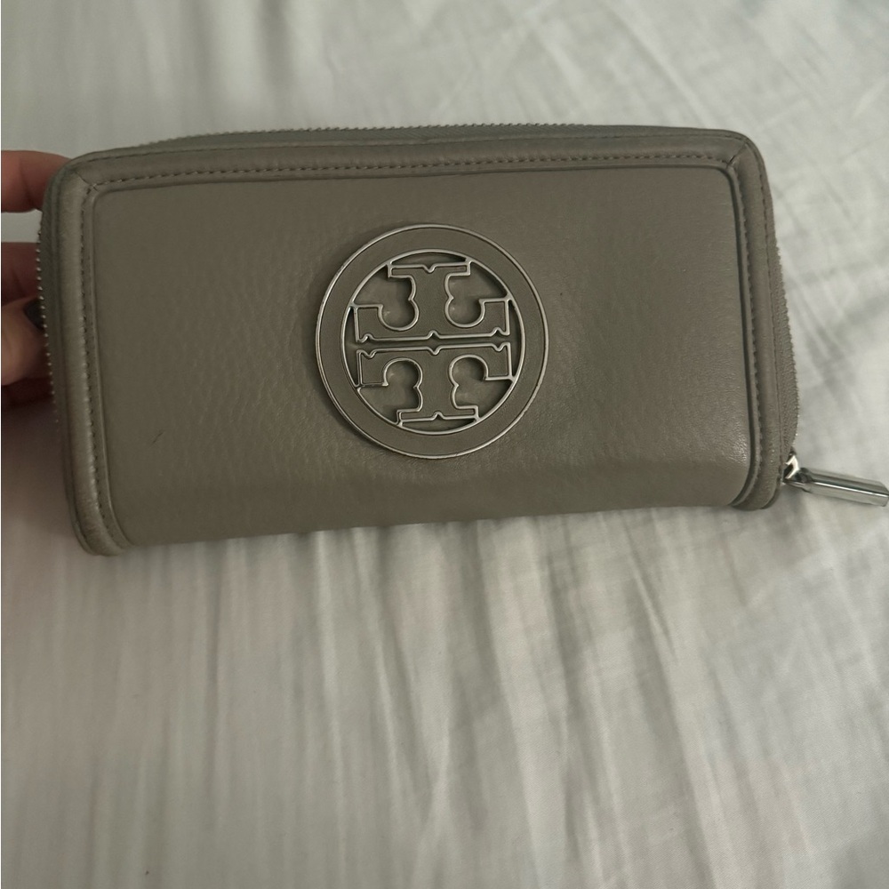 Tory Burch Taupe Wallet with Silver Logo